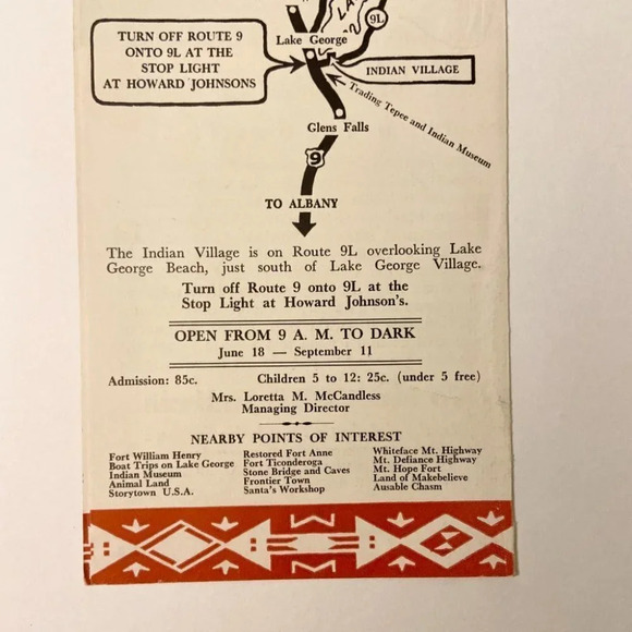 Vintage Indian Village Lake George New York Brochure Travel Guide Map - Picture 6 of 11